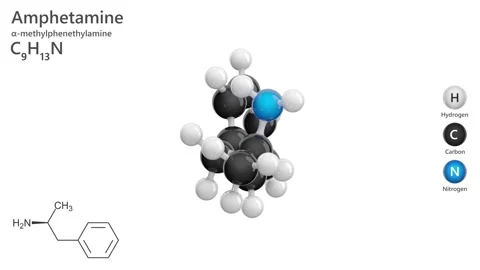Amphetamine. 3D model of a molecule. C9H13N. Drug. White background. 3D render Stock Footage 288999629