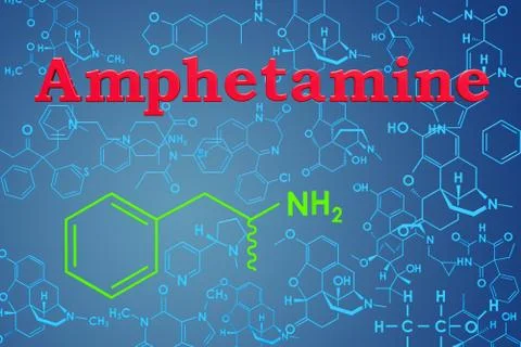 Amphetamine chemical formula, molecular structure. 3D rendering Stock Illustration