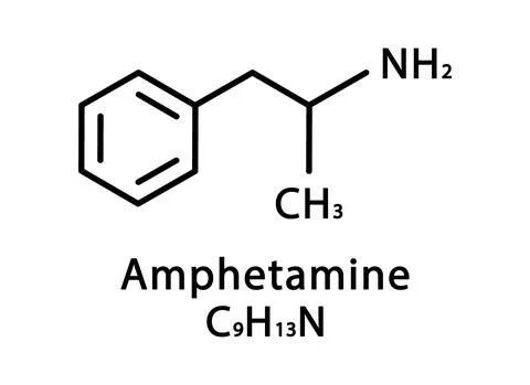 Amphetamine molecular structure. Amphetamine skeletal chemical formula. Chemical Stock Illustration