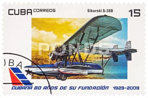 Amphibious aircraft Sikorsky S-38B on postage stamp Stock Photos
