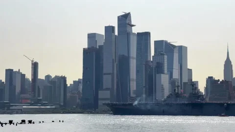 Amphibious Assault ship USS Wasp LHD-1 arrives in New York City Stock Footage 331219320