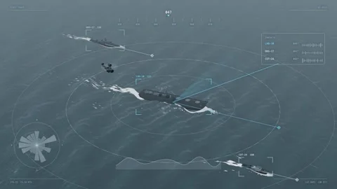 Amphibious ready group assault ship and escorts aerial slate storm sea cinem Stock Footage 343615588