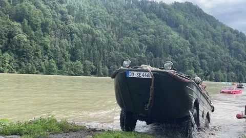 Amphibious vehicle in the danube river in upper austria Stock Footage 158473353