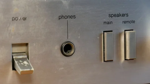 Amplifier close-up with phone jack in Stock Footage 95902267