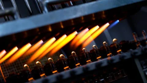 Ampoule making using fire in vaccine pharmaceutical production factory. glass tu Stock Photos