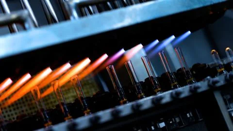 Ampoule making using fire in vaccine pharmaceutical production factory. glass tu Stock Photos