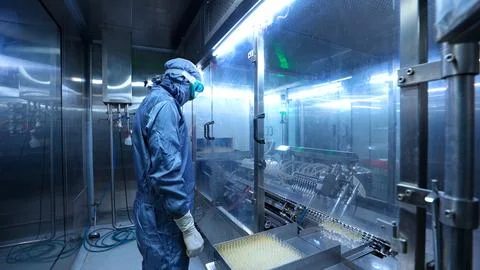 Ampoule making using fire in vaccine pharmaceutical production factory. glass tu Stock Photos