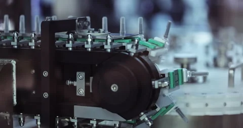 Ampule pharmaceutical containers advance through automated equipment for Stock Footage 346231102