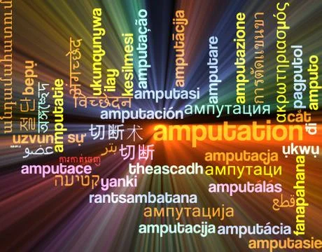 Amputation multilanguage wordcloud background concept glowing Illustrazione stock