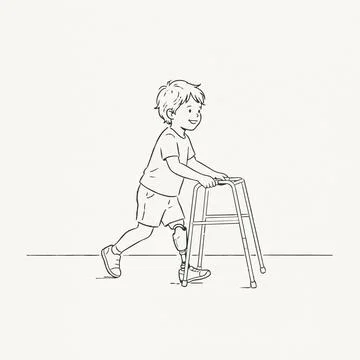 Amputee child walking with walker aid, black line art illustration Silhouette Stock Illustration