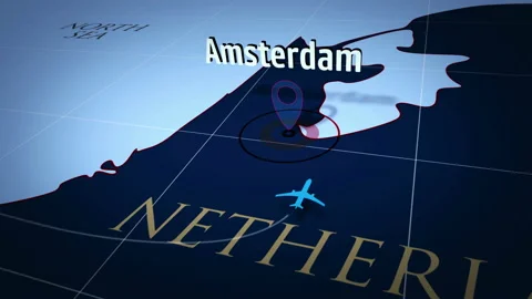 Amsterdam on blue map with plane Stock Footage 114132933