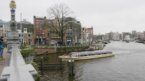Amsterdam, boat advancing into a river Stock Footage 85352144