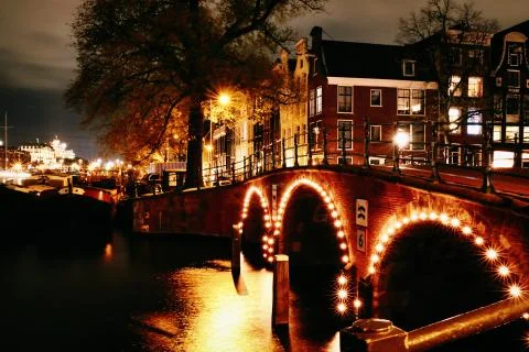Amsterdam Canals at Night 库存照片