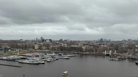 Amsterdam central and Ij river top view Stock Footage 258294316