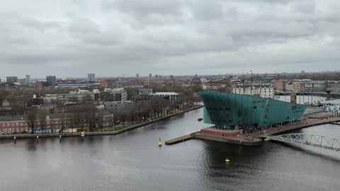 Amsterdam central and Ij river top view Stock Footage 258294327