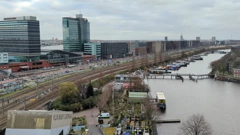 Amsterdam central and Ij river top view - Dec 11, 2023 Stock Footage 258294331