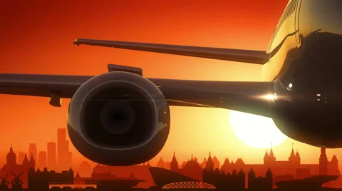 Amsterdam Netherlands Airplane Take Off Skyline Golden Background Stock Footage
