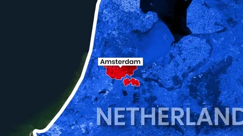 Amsterdam, Netherlands, highlighted on digital map motion clip Stock Footage 341785994