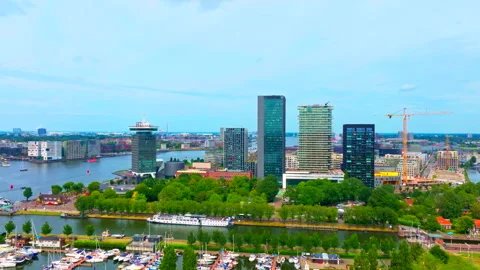Amsterdam Overhoeks Rising Drone Shot 4K Skyline and City Development Video stock 334538751