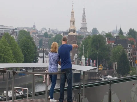 Amsterdam - pointing out landmarks from the NEMO science museum Stock Footage 80595672