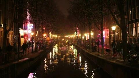 Amsterdam Red Light District at Night Stock Footage