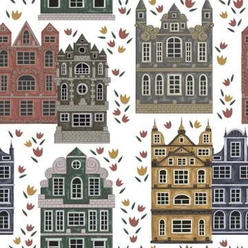 Amsterdam. Seamless pattern with  traditional architecture of Netherlands. Illustrazione stock