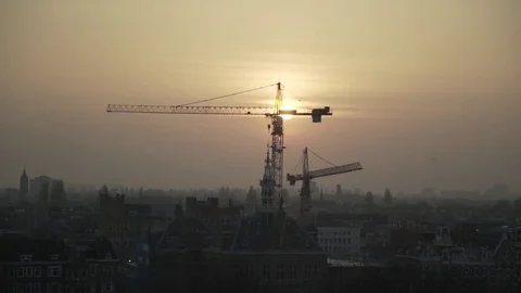 Amsterdam Sunset / Skyline with cranes Stock Footage 80421342