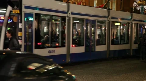 Amsterdam tram at night Stock Footage 65445352