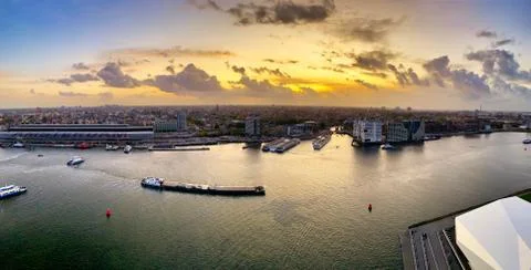 Amsterdam Waterfront from Above at Sunset 库存照片
