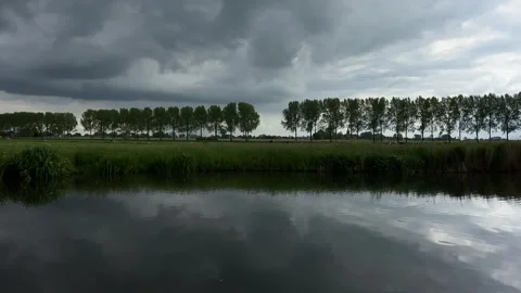 Amsterdan Forest, Panoramic riverside row of poplar trees beside reflective Video stock 342754138