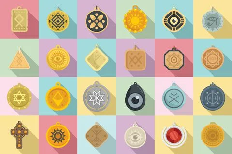 Amulet icons set flat vector. China coin Illustrazione stock