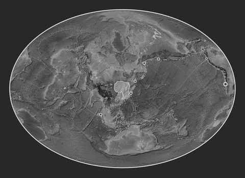Amur tectonic plate. Grayscale. Fahey Oblique. Earthquakes and boundaries Stock Illustration