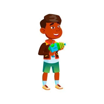 Amused hispanic kid playing blaster gun cartoon vector Stock Illustration