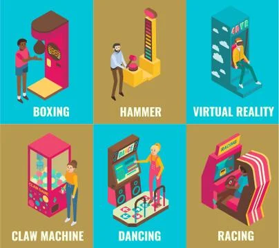 Amusement arcade game machine icon set vector flat isometric illustration Stock Illustration