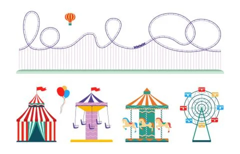 Amusement park attraction set - flat isolated rollercoaster, circus tent, etc Stock Illustration