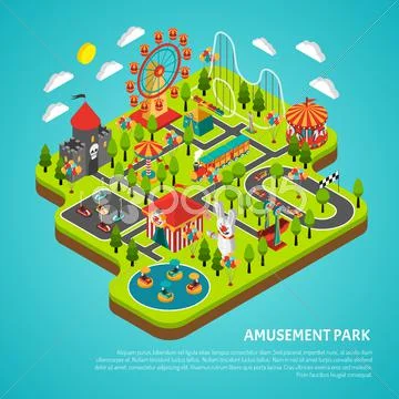 Amusement Park Attractions Fairground Isometric Banner Stock Illustration