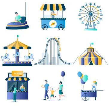 Amusement park attractions vector flat icon set Ilustración de archivo