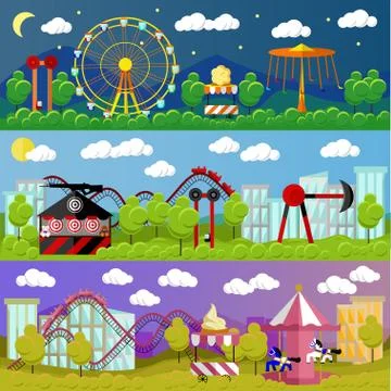 Amusement park banner concept vector illustration in flat style design. City Illustrazione stock