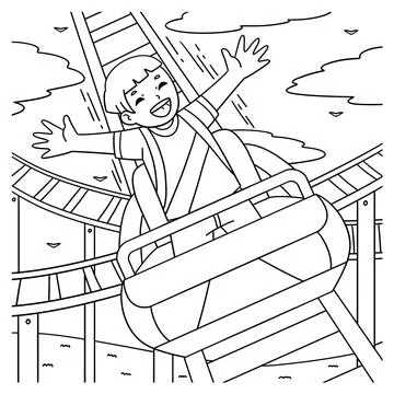 Amusement Park Boy on Rollercoaster Ride Coloring Stock Illustration