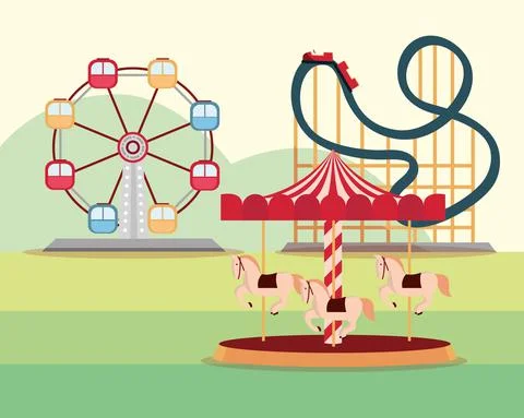 Amusement park carnival ferris wheel roller coaster and carousel Stock Illustration