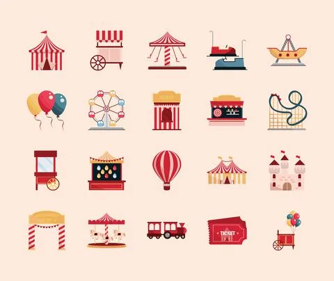 Amusement park carnival tent booth game ticket wheel carousel roller coaster Stock Illustration