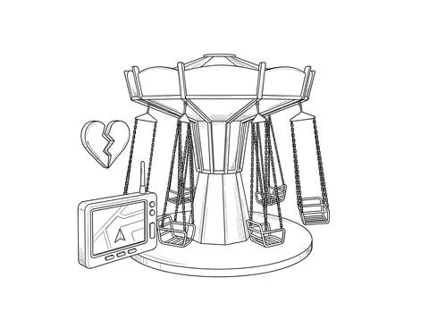 Amusement park carousel swing ride with broken heart symbol and GPS device .. Stock Illustration