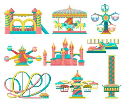 Amusement park design elements set, merry go round, inflatable trampoline, free 스톡 일러스트