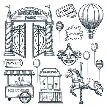 Amusement park design elements. Vector hand drawn sketch illustration. Entran Ilustración de archivo