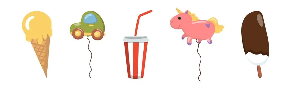 Amusement Park Elements with Balloon, Ice Cream and Soda Vector Set Ilustração Stock