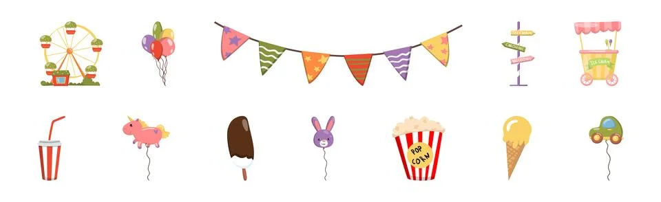 Amusement Park Elements with Balloon, Ice Cream Stall, Popcorn and Carousel Ilustración de archivo