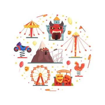 Amusement Park Elements of Circular Shape, Festive Park Attractions Vector 스톡 일러스트