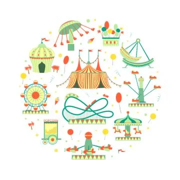 Amusement Park Elements of Circular Shape, Funfair with Carousels, Festive Park Illustrazione stock