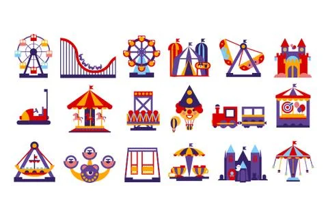 Amusement park elements, ferris wheel, circus, carousel, attractions set vector Ilustração Stock