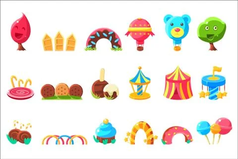 Amusement Park Elements Made Of Sweets Set Of Isolated Bright Color Childish Ilustração Stock